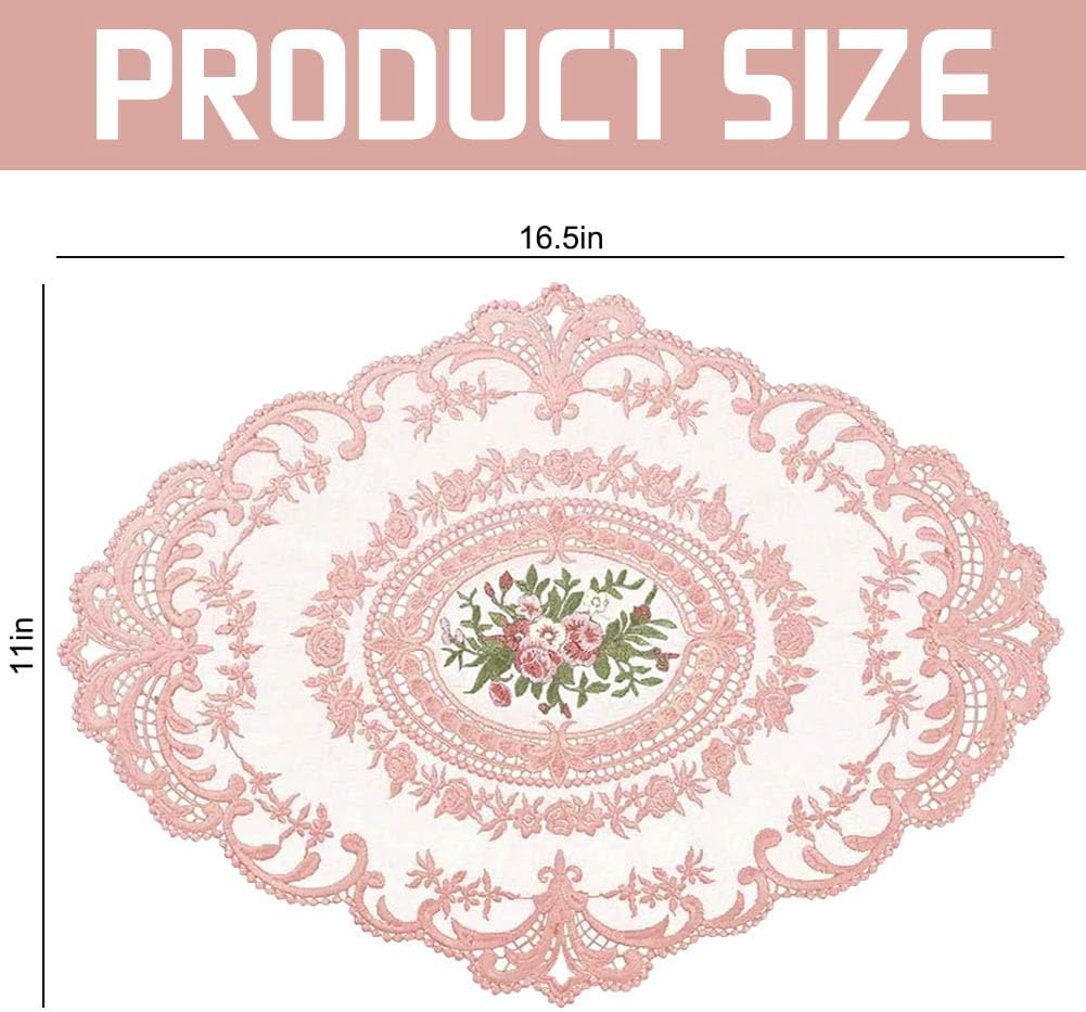 10Pcs Lace Doilies for Table Floral Embroidered Lace Placemats Handmade Crochet Doilies 11'' x 16.5'' Exquisite Retro Victorian Table Mat for Wedding Cup Vase Table Decor (Pink)