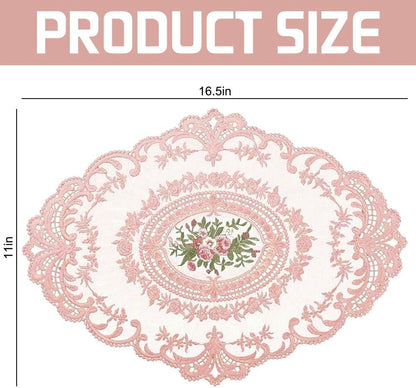 10Pcs Lace Doilies for Table Floral Embroidered Lace Placemats Handmade Crochet Doilies 11'' x 16.5'' Exquisite Retro Victorian Table Mat for Wedding Cup Vase Table Decor (Pink)
