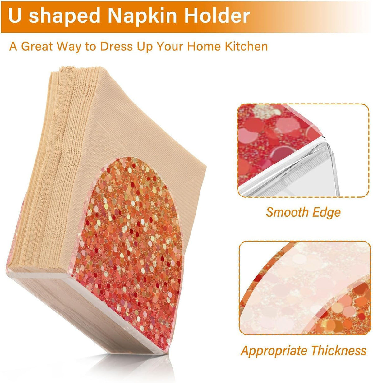 Napkin Holder Red Peach Coral Gold Gradient Glitter Acrylic Napkins Holder Napkin Dispenser Clear Napkin Holder for Kitchen Table Party Guest Bathroom 1 Pack