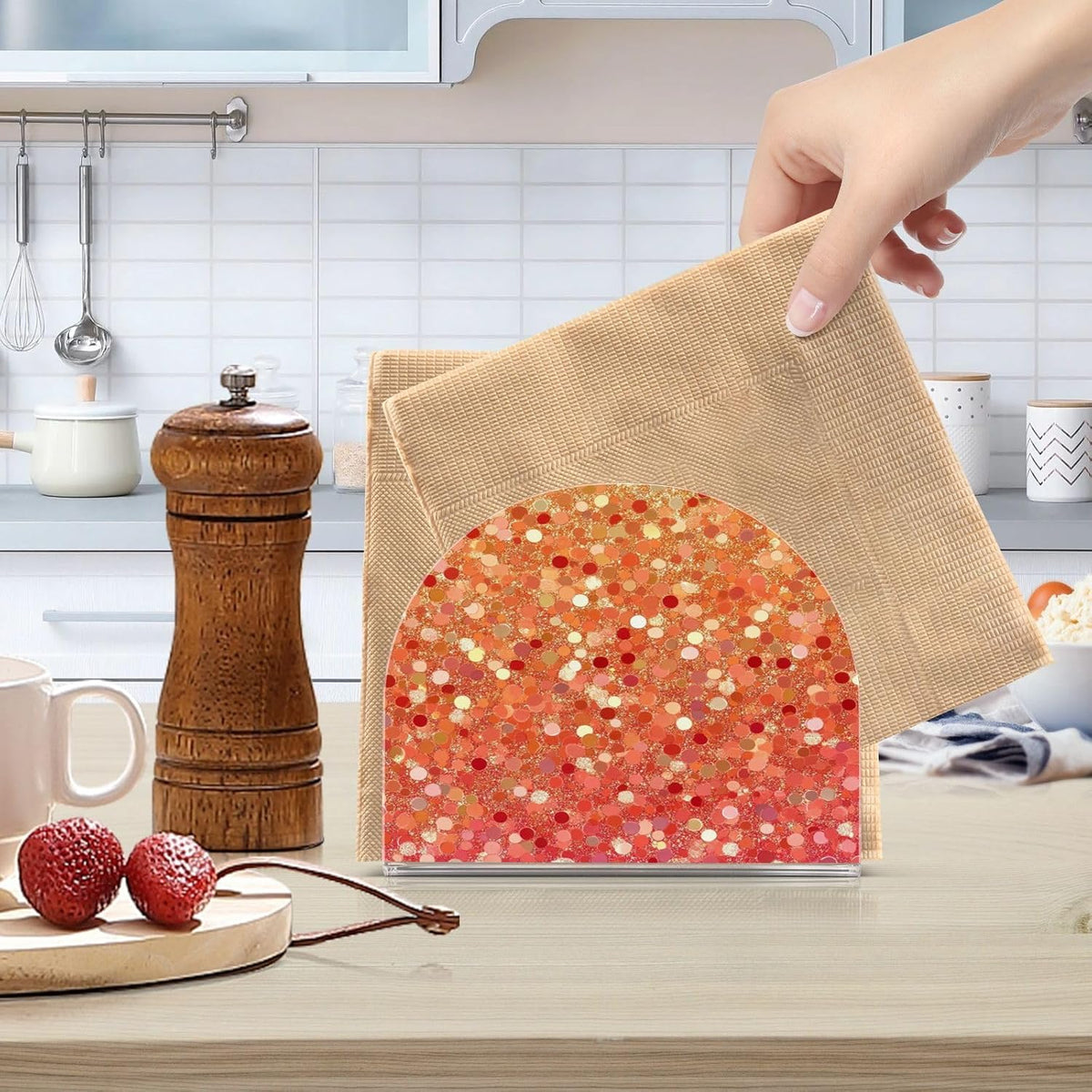 Napkin Holder Red Peach Coral Gold Gradient Glitter Acrylic Napkins Holder Napkin Dispenser Clear Napkin Holder for Kitchen Table Party Guest Bathroom 1 Pack