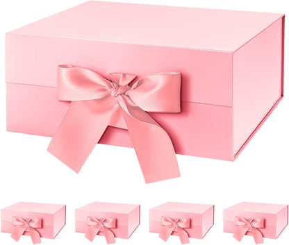 HAPPY POTATO 5 Gift Boxes with Ribbon 9x6.5x3.8 Inches, Pink Gift Box with Lids, Bridesmaid Proposal Boxes, Magnetic Gift Boxes for Presents (Glossy Pink, Pack of 5)
