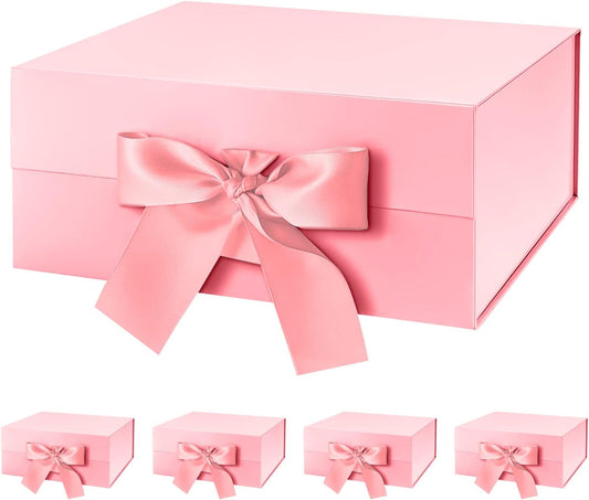 HAPPY POTATO 5 Gift Boxes with Ribbon 9x6.5x3.8 Inches, Pink Gift Box with Lids, Bridesmaid Proposal Boxes, Magnetic Gift Boxes for Presents (Glossy Pink, Pack of 5)
