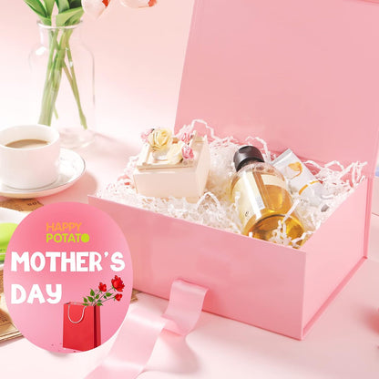 HAPPY POTATO 5 Gift Boxes with Ribbon 9x6.5x3.8 Inches, Pink Gift Box with Lids, Bridesmaid Proposal Boxes, Magnetic Gift Boxes for Presents (Glossy Pink, Pack of 5)