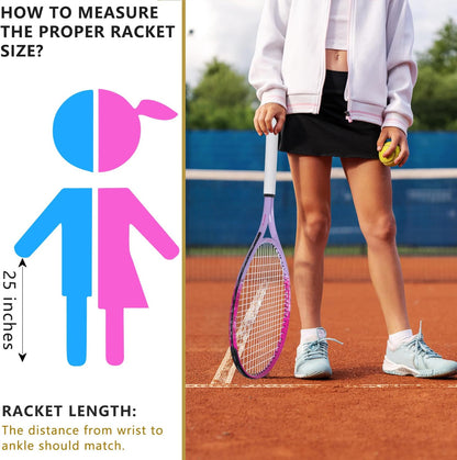 17"-25" Kids Tennis Racket for Aged 2-12 Lightweight Youth Tennis Racquet for Girls and Boys Outdoor/Indoor Sports with 1 Non-Slip Grip and 1 Shoulder Strap Bag Easy Carry