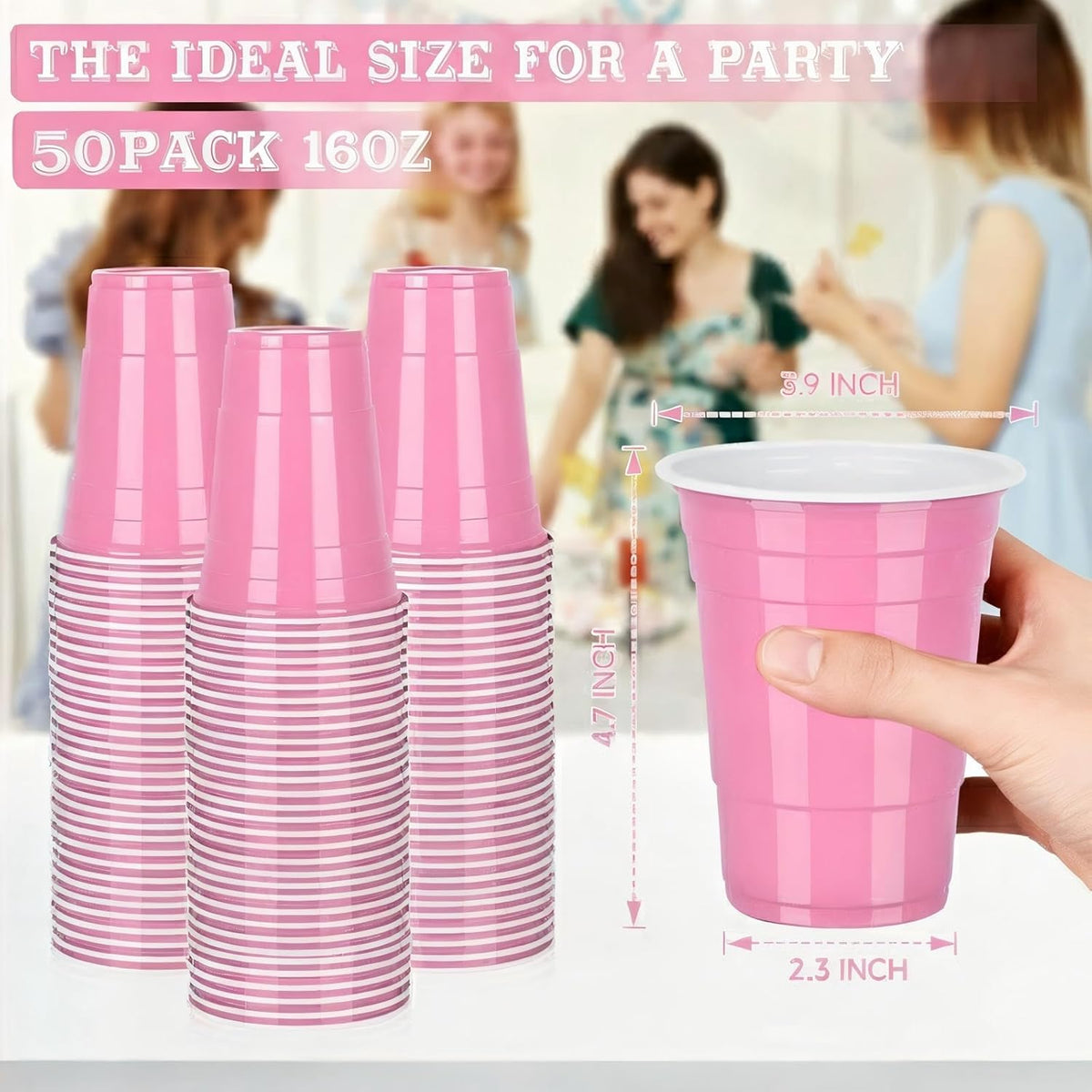 Light Pink Plastic Cups 16oz, 50 Pack Disposable Party Cups for Baby Showers, Girl Birthday Parties, Princess Parties, Celebrations & Spring Events