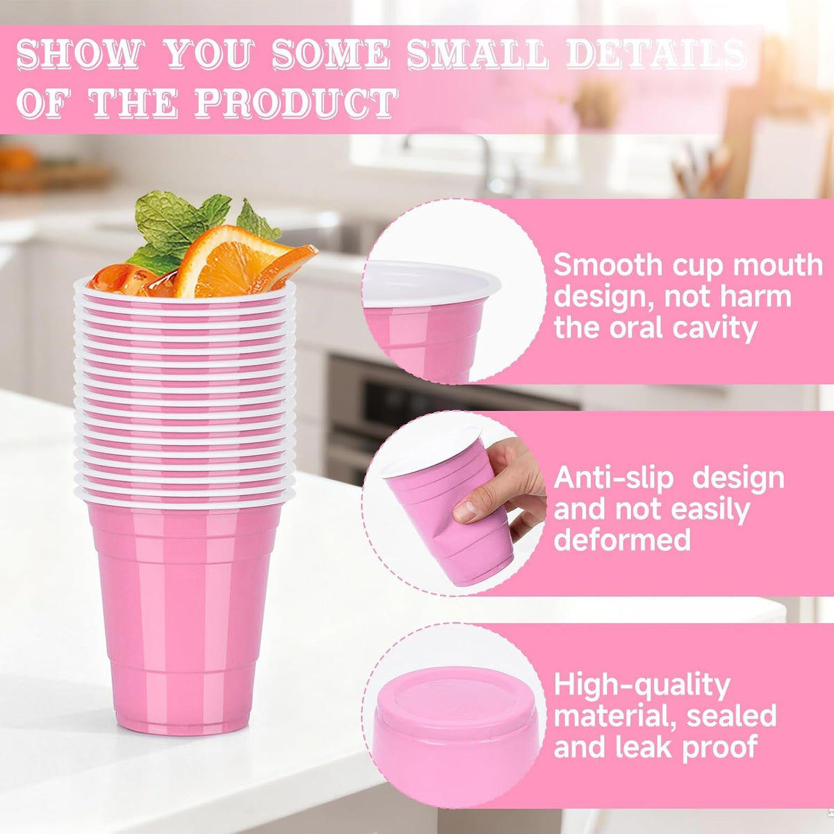 Light Pink Plastic Cups 16oz, 50 Pack Disposable Party Cups for Baby Showers, Girl Birthday Parties, Princess Parties, Celebrations & Spring Events