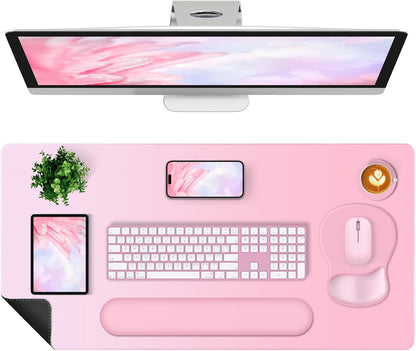 4-in-1 Large Gaming Mouse Pad, Keyboard Wrist Rest Pad & Wrist Support Mousepad Set, Extended Desk Pad Waterproof Desk Mat for Girl Women Home Office Decor Study Game 35.4×15.7 Inches I Soft Pink