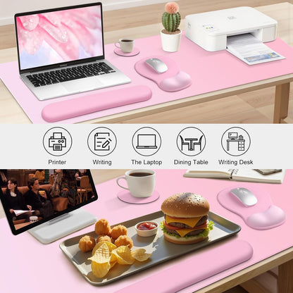 4-in-1 Large Gaming Mouse Pad, Keyboard Wrist Rest Pad & Wrist Support Mousepad Set, Extended Desk Pad Waterproof Desk Mat for Girl Women Home Office Decor Study Game 35.4×15.7 Inches I Soft Pink