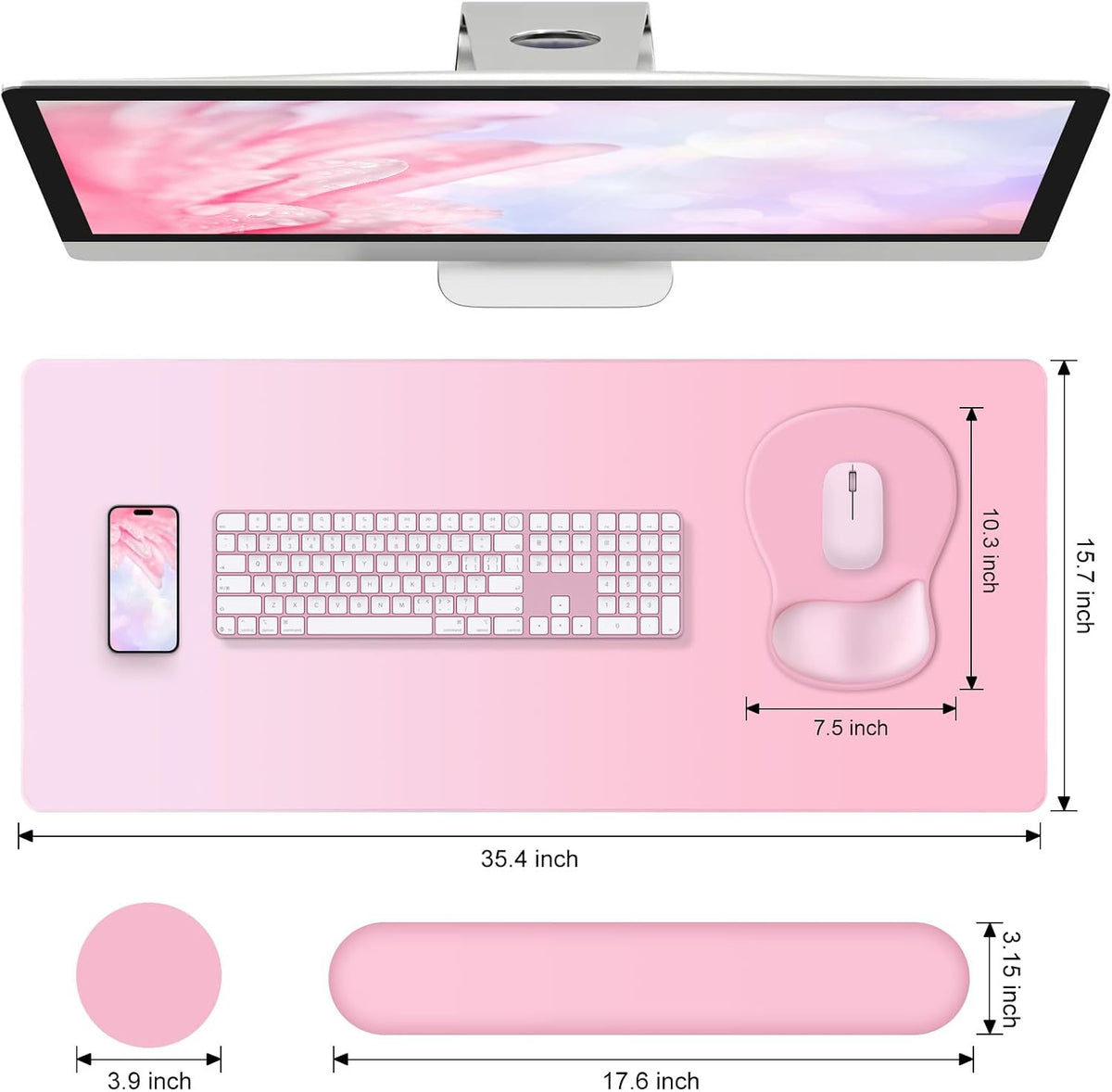 4-in-1 Large Gaming Mouse Pad, Keyboard Wrist Rest Pad & Wrist Support Mousepad Set, Extended Desk Pad Waterproof Desk Mat for Girl Women Home Office Decor Study Game 35.4×15.7 Inches I Soft Pink