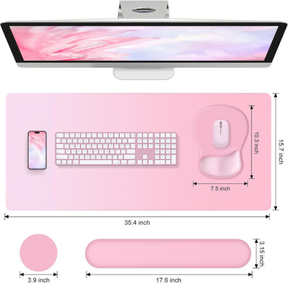 4-in-1 Large Gaming Mouse Pad, Keyboard Wrist Rest Pad & Wrist Support Mousepad Set, Extended Desk Pad Waterproof Desk Mat for Girl Women Home Office Decor Study Game 35.4×15.7 Inches I Soft Pink