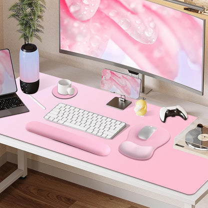 4-in-1 Large Gaming Mouse Pad, Keyboard Wrist Rest Pad & Wrist Support Mousepad Set, Extended Desk Pad Waterproof Desk Mat for Girl Women Home Office Decor Study Game 35.4×15.7 Inches I Soft Pink
