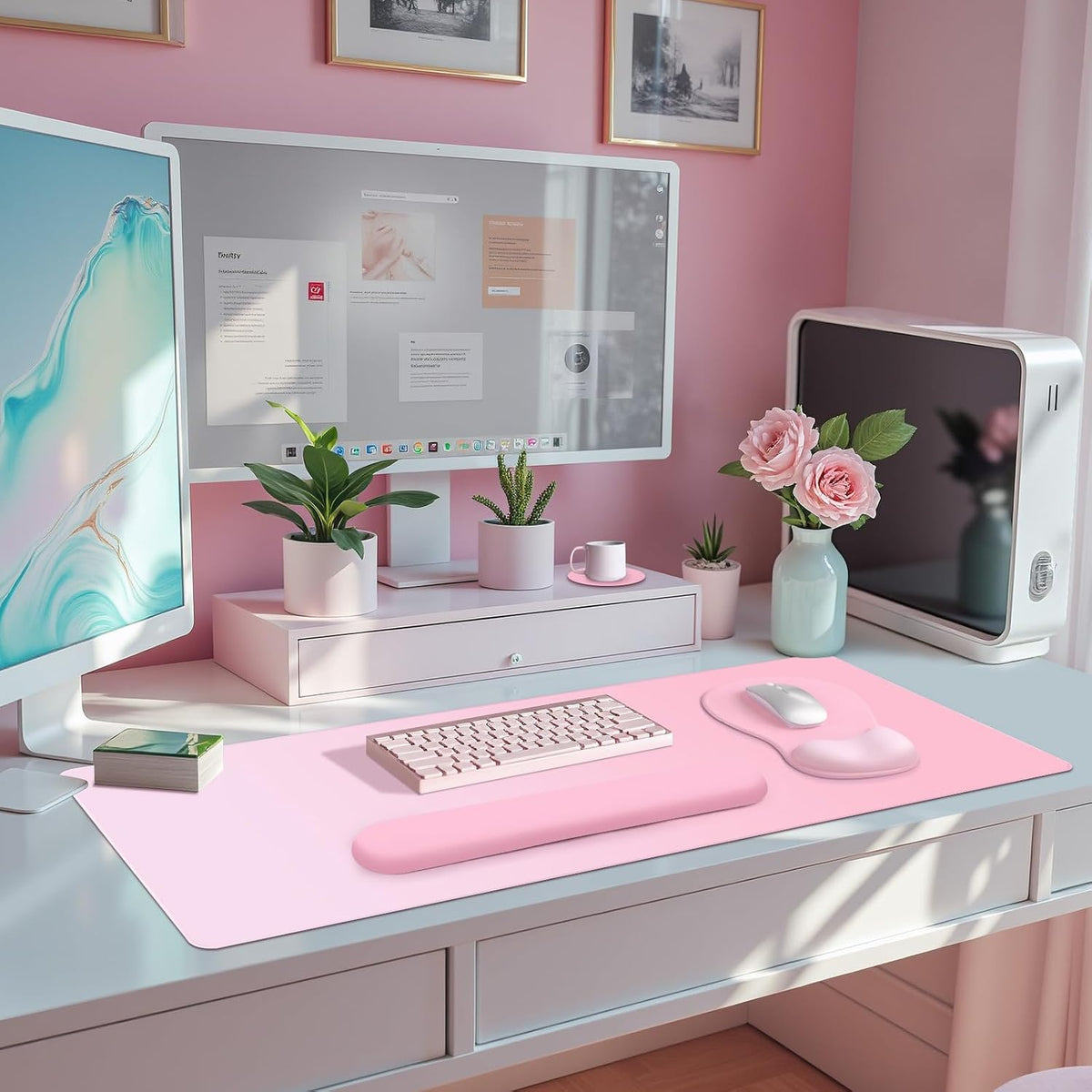 4-in-1 Large Gaming Mouse Pad, Keyboard Wrist Rest Pad & Wrist Support Mousepad Set, Extended Desk Pad Waterproof Desk Mat for Girl Women Home Office Decor Study Game 35.4×15.7 Inches I Soft Pink