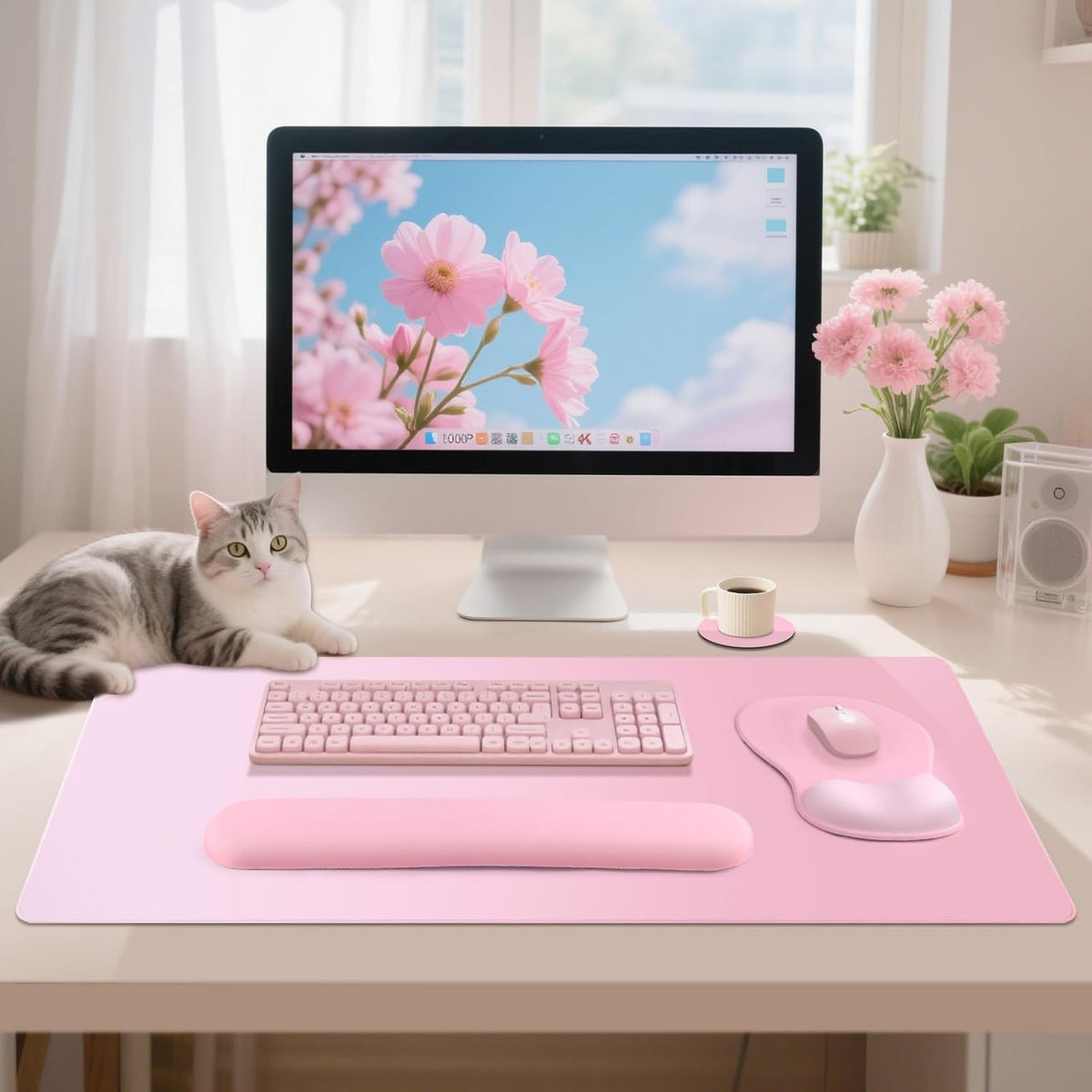 4-in-1 Large Gaming Mouse Pad, Keyboard Wrist Rest Pad & Wrist Support Mousepad Set, Extended Desk Pad Waterproof Desk Mat for Girl Women Home Office Decor Study Game 35.4×15.7 Inches I Soft Pink