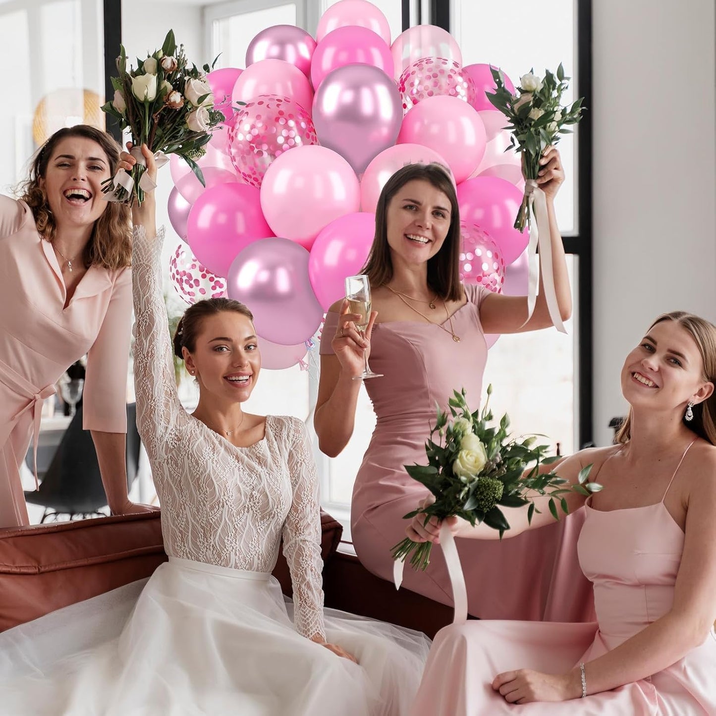 Pink Balloons Set, 50 Pcs 12 Inch Metallic Pastel Pearl Light Pink Confetti Balloons Helium with Ribbon for Women Girls Wedding Bridal Baby Shower Princess Birthday Party Decorations