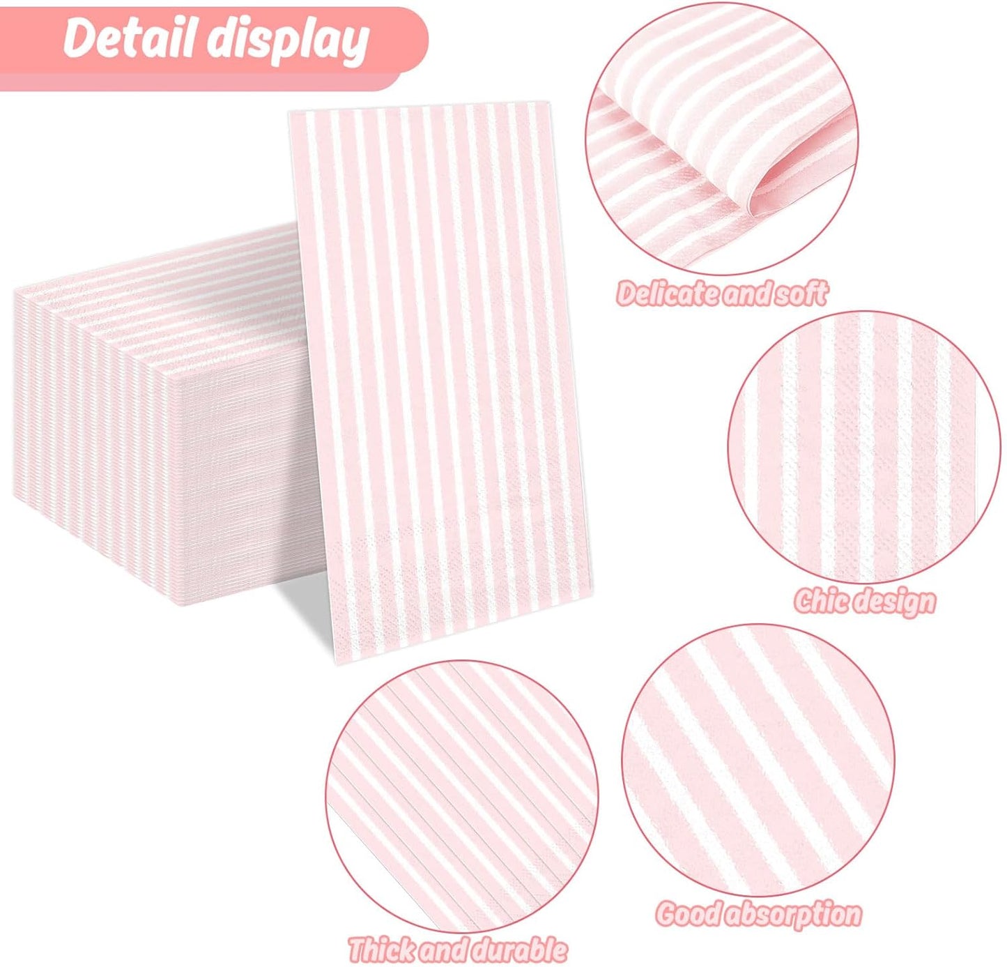 Whaline 100 Pcs Pink and White Stripe Guest Napkins Disposable Paper Striped Dinner Hand Towels Napkin for Wedding Bridal Baby Shower Party Supplies Kitchen Bathroom Table Decor