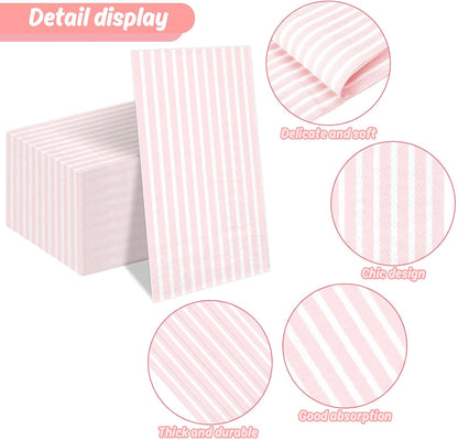 Whaline 100 Pcs Pink and White Stripe Guest Napkins Disposable Paper Striped Dinner Hand Towels Napkin for Wedding Bridal Baby Shower Party Supplies Kitchen Bathroom Table Decor