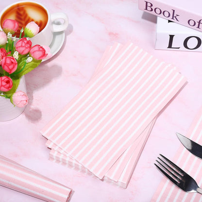Whaline 100 Pcs Pink and White Stripe Guest Napkins Disposable Paper Striped Dinner Hand Towels Napkin for Wedding Bridal Baby Shower Party Supplies Kitchen Bathroom Table Decor