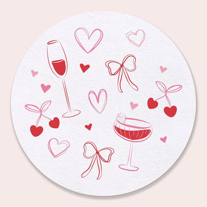 25 Ct Drinks with the Girls Coasters, 4-Inch Disposable Round Paper Coasters Pink Bows, Hearts, Cherries, Galentine’s Day or Bachelorette Party, Table Decor for Cocktail Drinks