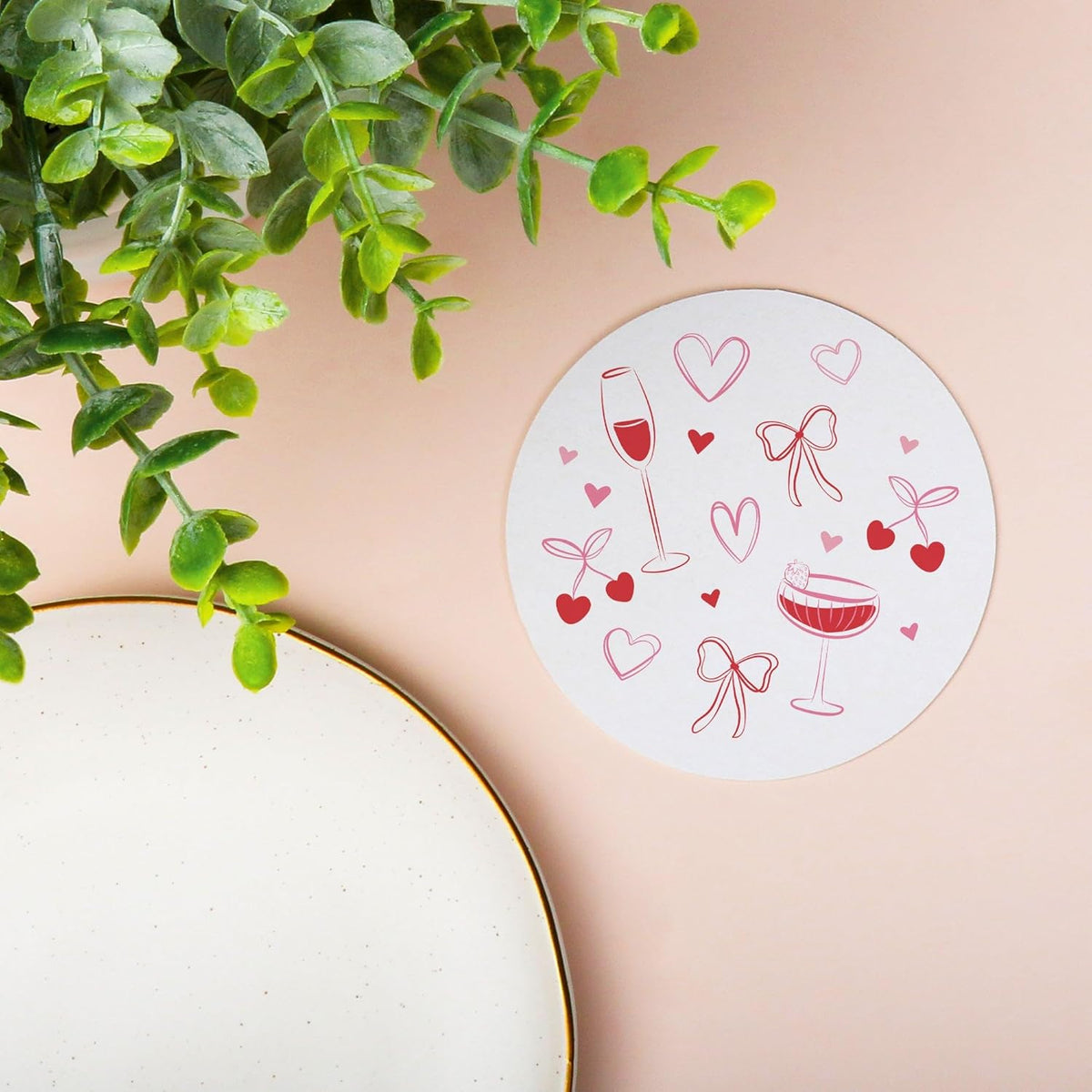 25 Ct Drinks with the Girls Coasters, 4-Inch Disposable Round Paper Coasters Pink Bows, Hearts, Cherries, Galentine’s Day or Bachelorette Party, Table Decor for Cocktail Drinks