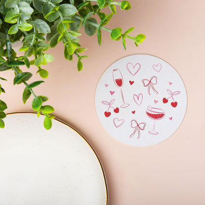 25 Ct Drinks with the Girls Coasters, 4-Inch Disposable Round Paper Coasters Pink Bows, Hearts, Cherries, Galentine’s Day or Bachelorette Party, Table Decor for Cocktail Drinks