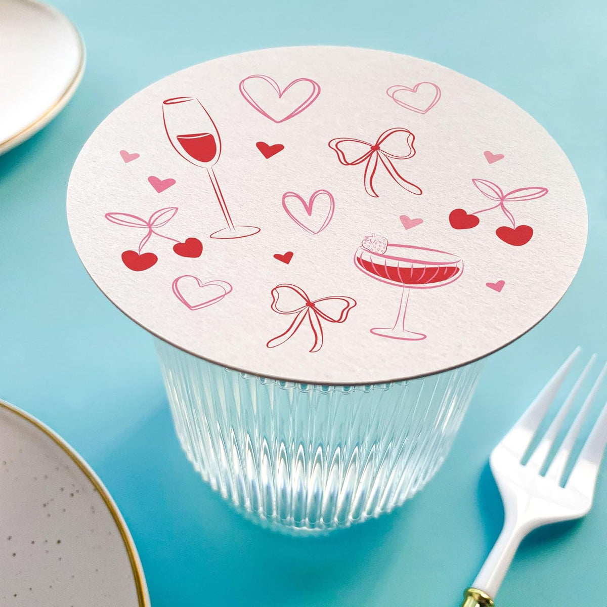 25 Ct Drinks with the Girls Coasters, 4-Inch Disposable Round Paper Coasters Pink Bows, Hearts, Cherries, Galentine’s Day or Bachelorette Party, Table Decor for Cocktail Drinks