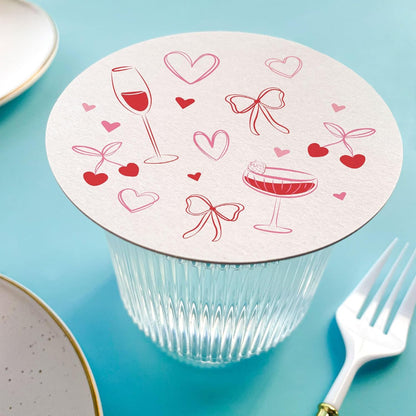 25 Ct Drinks with the Girls Coasters, 4-Inch Disposable Round Paper Coasters Pink Bows, Hearts, Cherries, Galentine’s Day or Bachelorette Party, Table Decor for Cocktail Drinks
