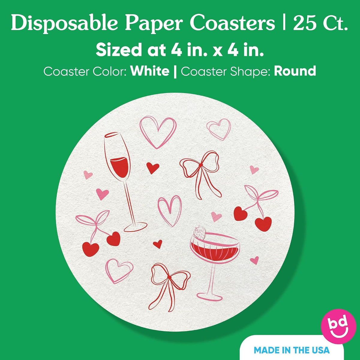 25 Ct Drinks with the Girls Coasters, 4-Inch Disposable Round Paper Coasters Pink Bows, Hearts, Cherries, Galentine’s Day or Bachelorette Party, Table Decor for Cocktail Drinks