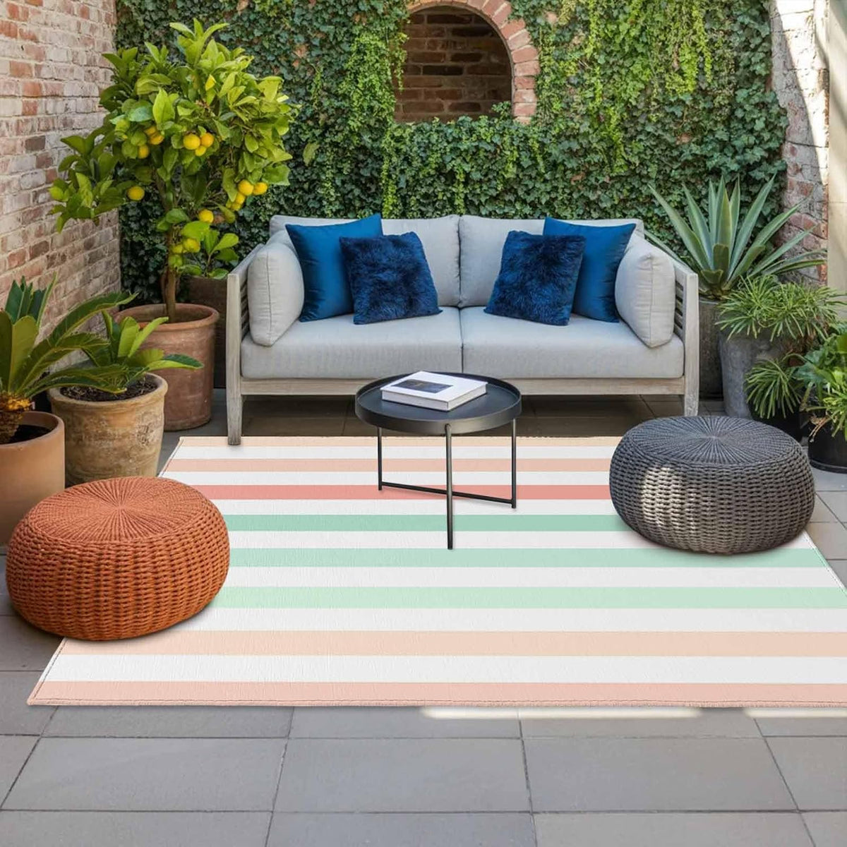 Outdoor Area Rug 3x5ft Washable Patio Rugs, Peach Pink Green Ombre Indoor Outdoor Carpet for Living Room Entryway Porch, Farmhouse Stripe ModernNon-Slip Outside Front Door Mat