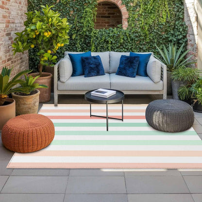 Outdoor Area Rug 3x5ft Washable Patio Rugs, Peach Pink Green Ombre Indoor Outdoor Carpet for Living Room Entryway Porch, Farmhouse Stripe ModernNon-Slip Outside Front Door Mat