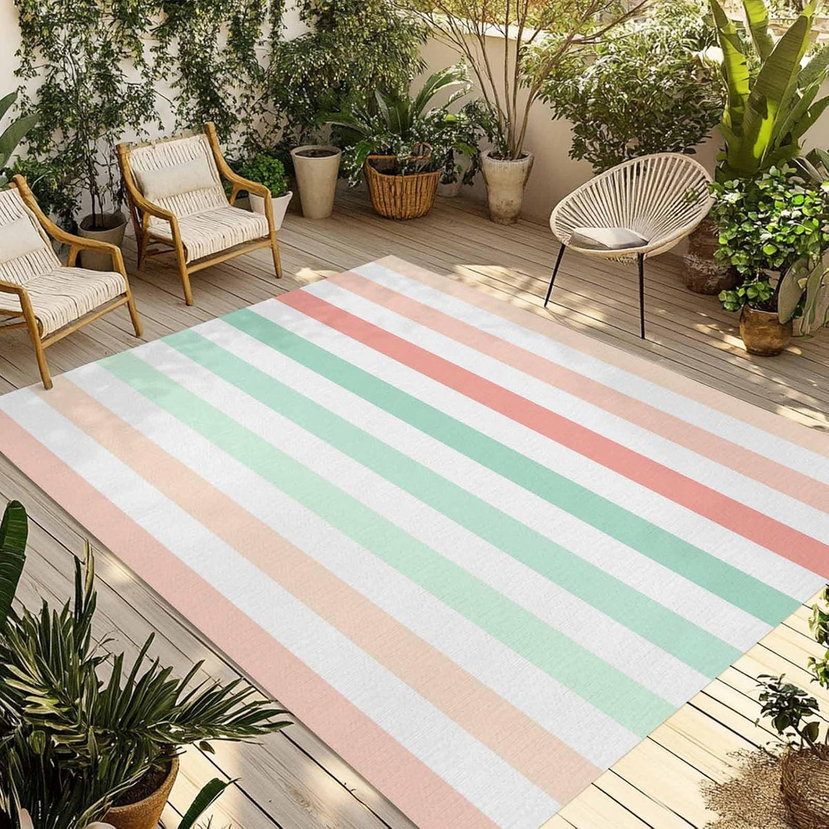 Outdoor Area Rug 3x5ft Washable Patio Rugs, Peach Pink Green Ombre Indoor Outdoor Carpet for Living Room Entryway Porch, Farmhouse Stripe ModernNon-Slip Outside Front Door Mat
