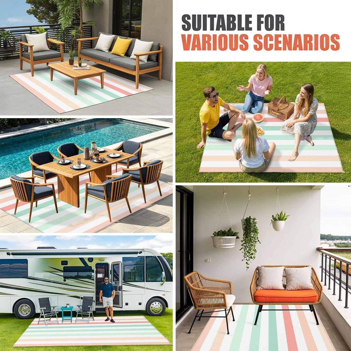 Outdoor Area Rug 3x5ft Washable Patio Rugs, Peach Pink Green Ombre Indoor Outdoor Carpet for Living Room Entryway Porch, Farmhouse Stripe ModernNon-Slip Outside Front Door Mat