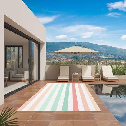 Outdoor Area Rug 3x5ft Washable Patio Rugs, Peach Pink Green Ombre Indoor Outdoor Carpet for Living Room Entryway Porch, Farmhouse Stripe ModernNon-Slip Outside Front Door Mat