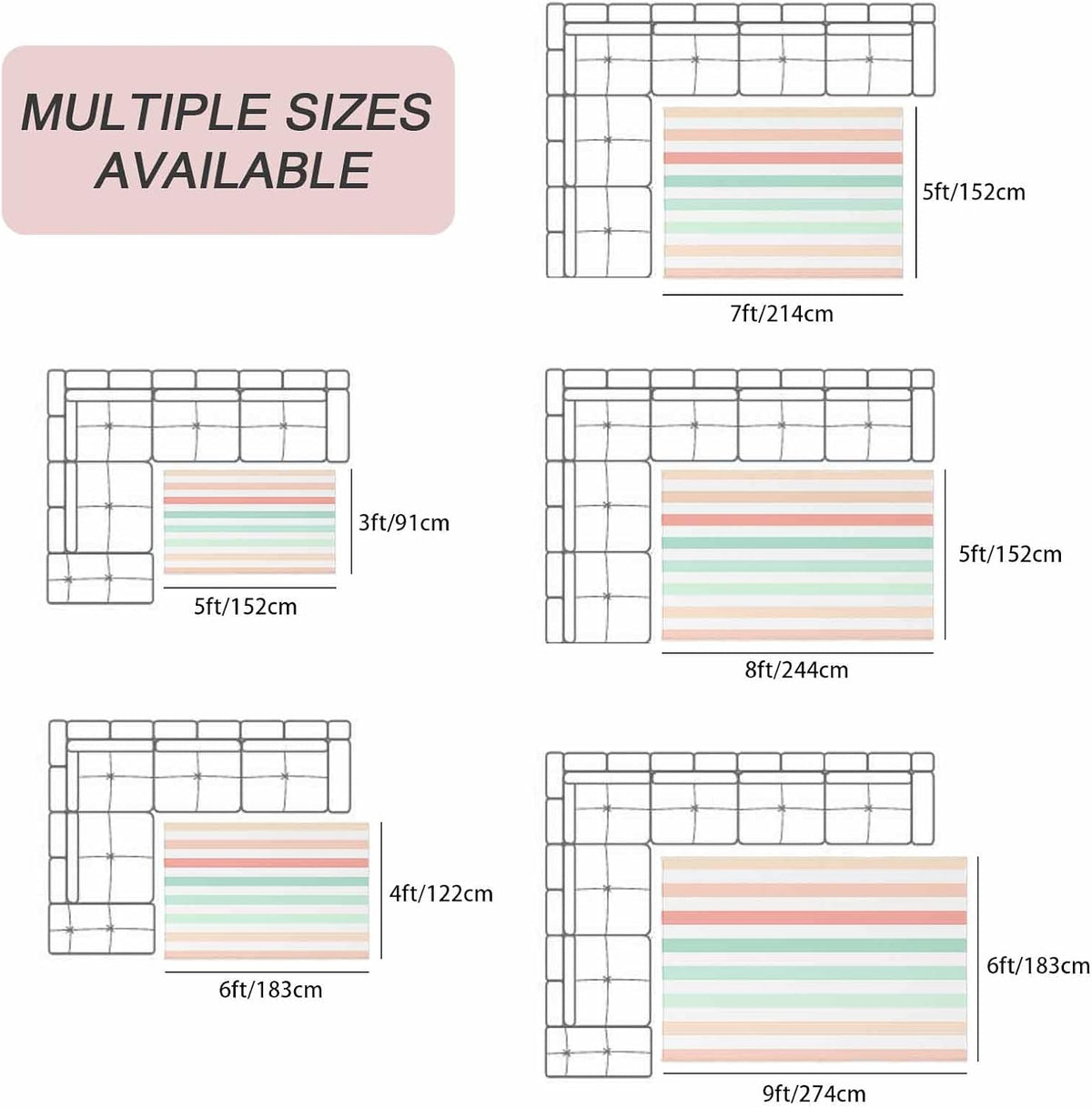 Outdoor Area Rug 3x5ft Washable Patio Rugs, Peach Pink Green Ombre Indoor Outdoor Carpet for Living Room Entryway Porch, Farmhouse Stripe ModernNon-Slip Outside Front Door Mat