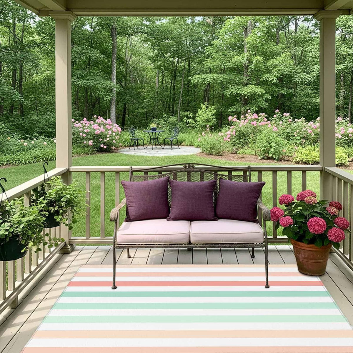 Outdoor Area Rug 3x5ft Washable Patio Rugs, Peach Pink Green Ombre Indoor Outdoor Carpet for Living Room Entryway Porch, Farmhouse Stripe ModernNon-Slip Outside Front Door Mat
