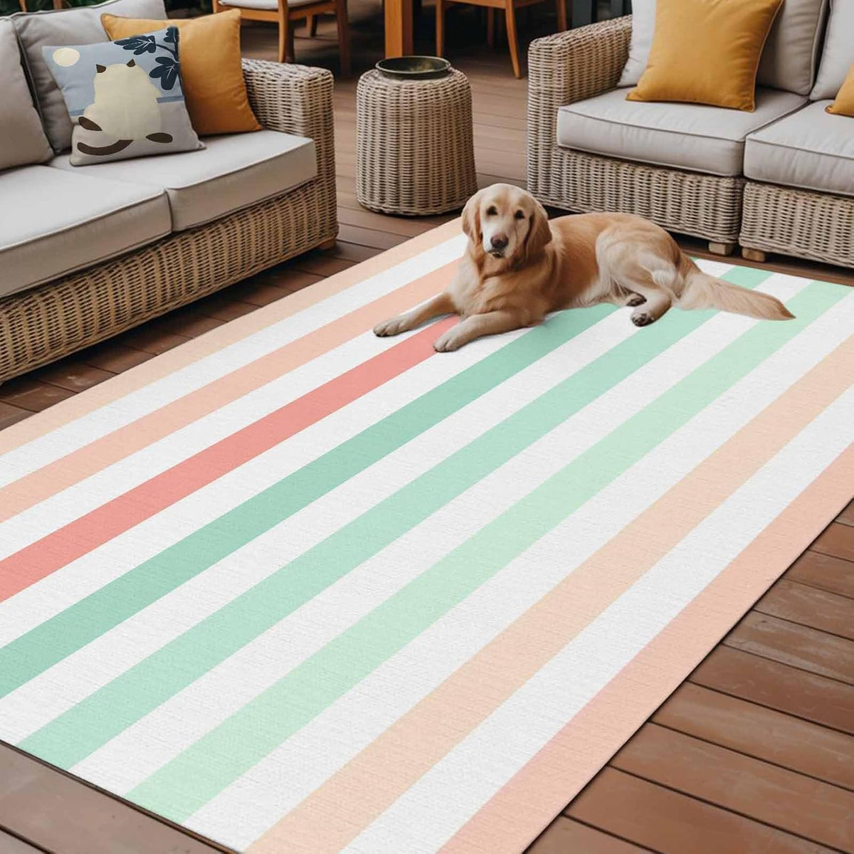 Outdoor Area Rug 3x5ft Washable Patio Rugs, Peach Pink Green Ombre Indoor Outdoor Carpet for Living Room Entryway Porch, Farmhouse Stripe ModernNon-Slip Outside Front Door Mat