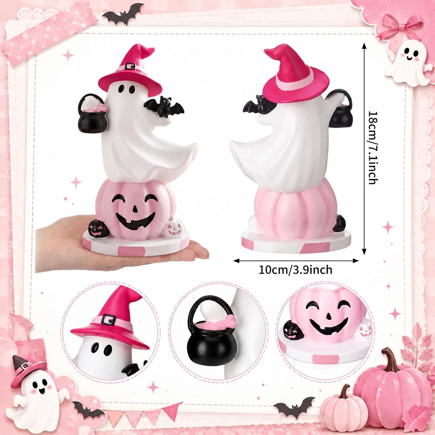 Pink Halloween Ghost Figurine Table Decor 7.1''