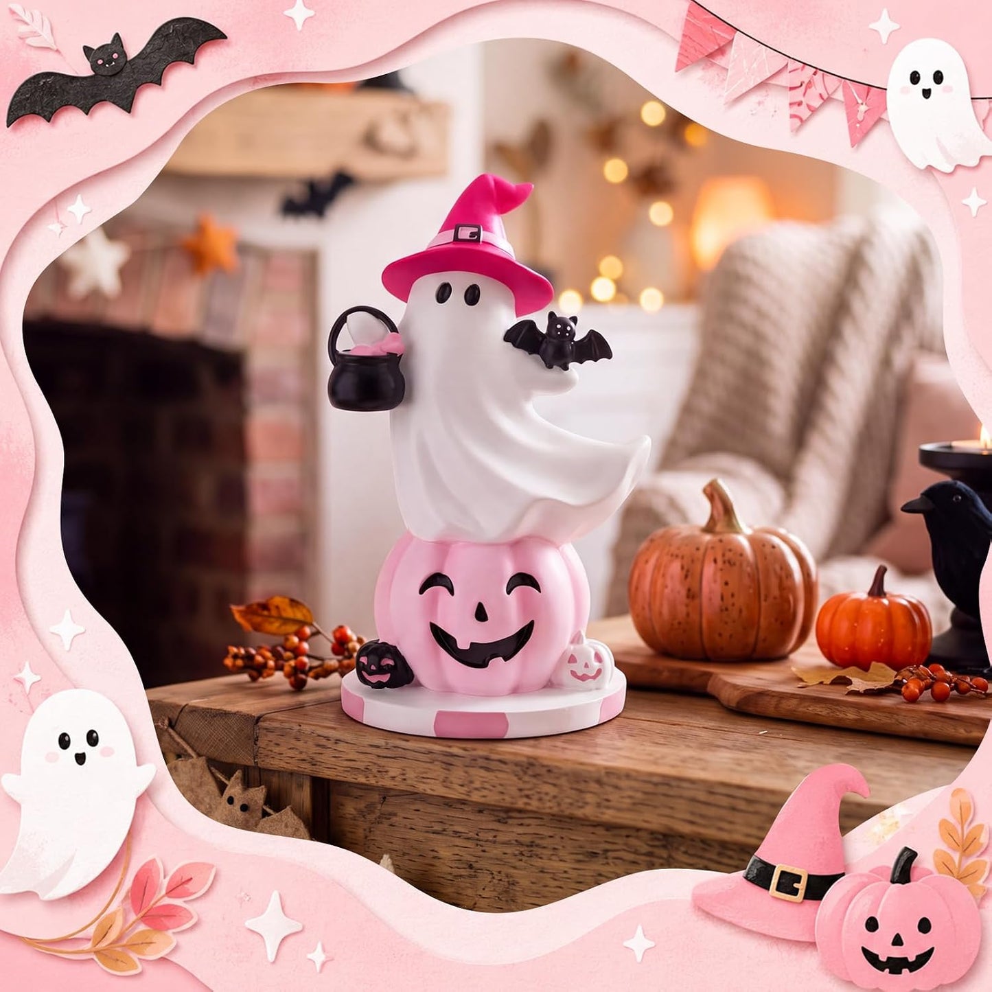 Pink Halloween Ghost Figurine Table Decor 7.1''