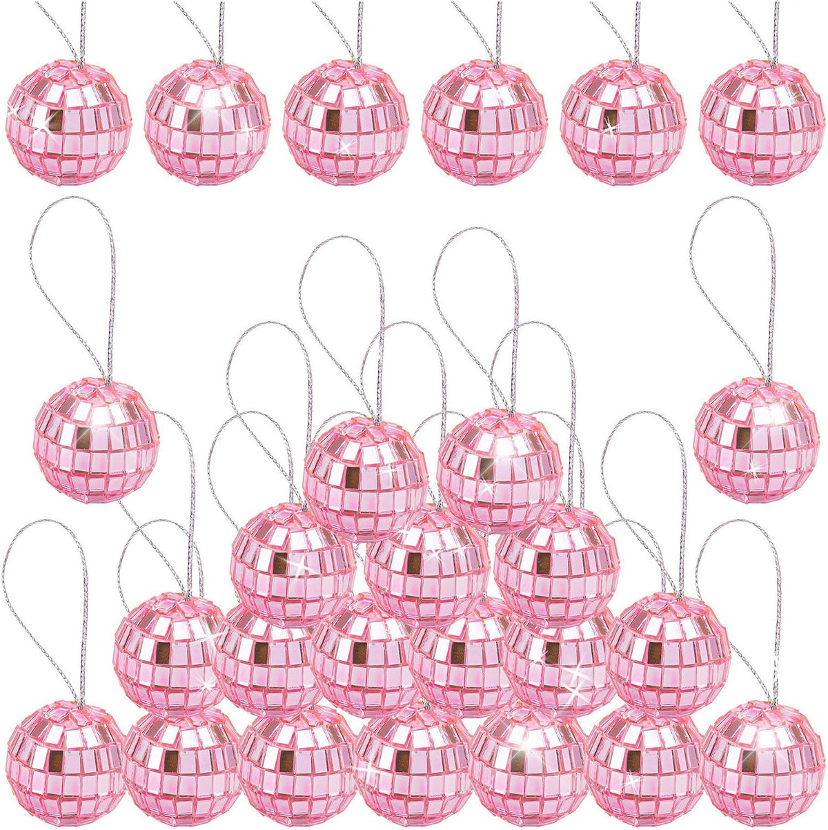 30 Pack Hanging Pink Disco Balls 1 Inch Mini Mirror Ball Ornaments Decor with Rope for Festivals Party