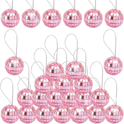 30 Pack Hanging Pink Disco Balls 1 Inch Mini Mirror Ball Ornaments Decor with Rope for Festivals Party