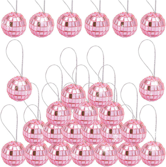 30 Pack Hanging Pink Disco Balls 1 Inch Mini Mirror Ball Ornaments Decor with Rope for Festivals Party