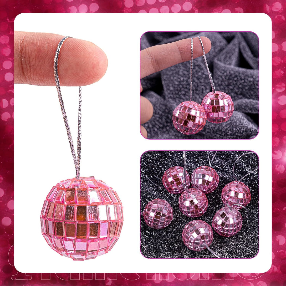 30 Pack Hanging Pink Disco Balls 1 Inch Mini Mirror Ball Ornaments Decor with Rope for Festivals Party