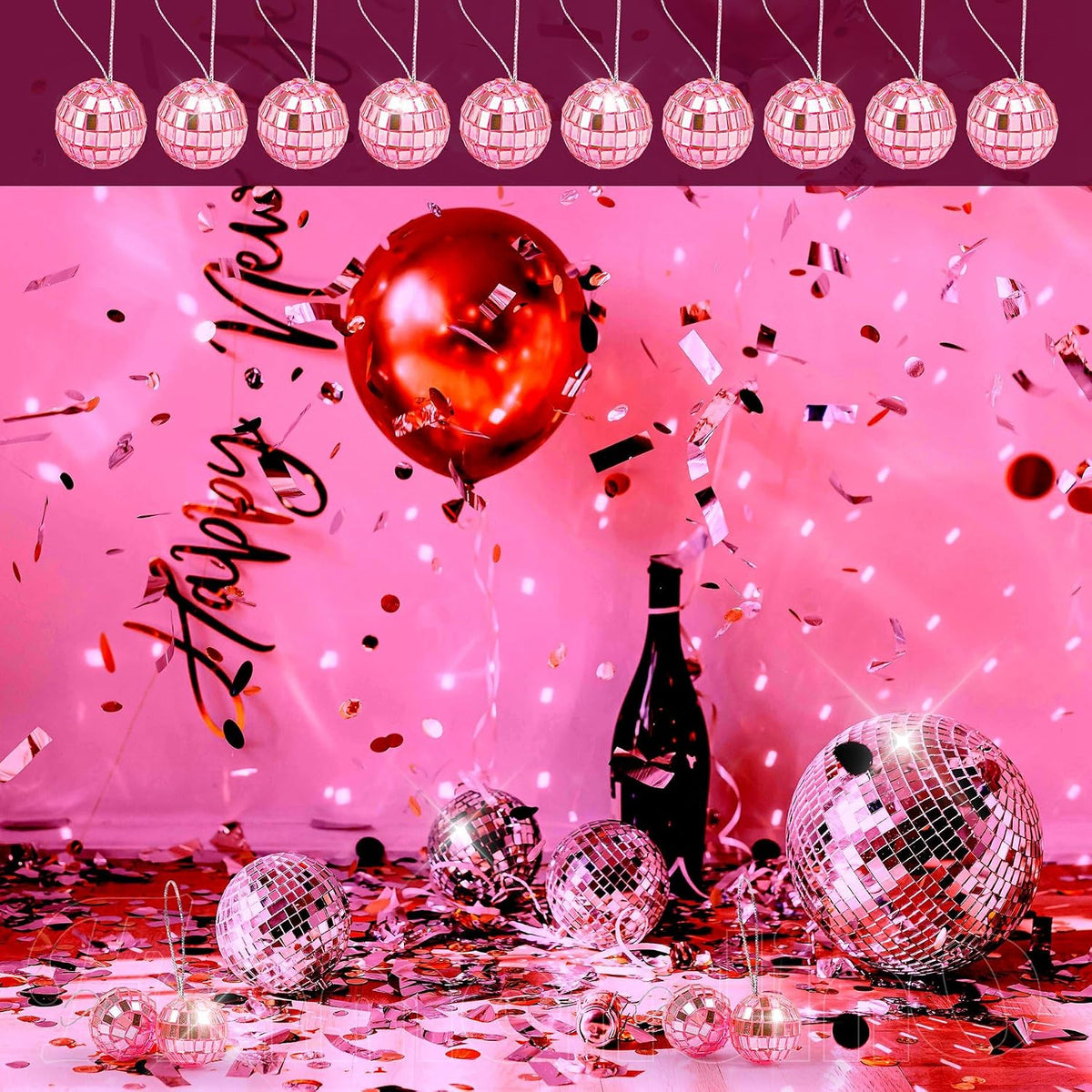 30 Pack Hanging Pink Disco Balls 1 Inch Mini Mirror Ball Ornaments Decor with Rope for Festivals Party