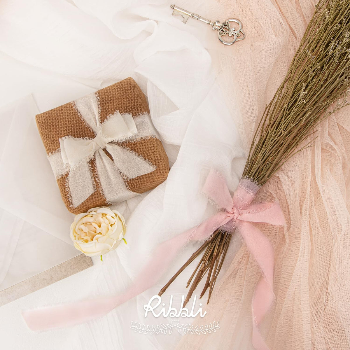 Pink Ribbon 1 Inch x 3 Rolls Total 24 Yards Cream/Blush Pink/Rose Gold Handmade Fringe Chiffon Silk Ribbon for Wrapping Wedding Invitations Bridal Bouquets DIY Crafts Home Decor