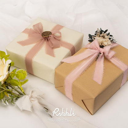 Pink Ribbon 1 Inch x 3 Rolls Total 24 Yards Cream/Blush Pink/Rose Gold Handmade Fringe Chiffon Silk Ribbon for Wrapping Wedding Invitations Bridal Bouquets DIY Crafts Home Decor