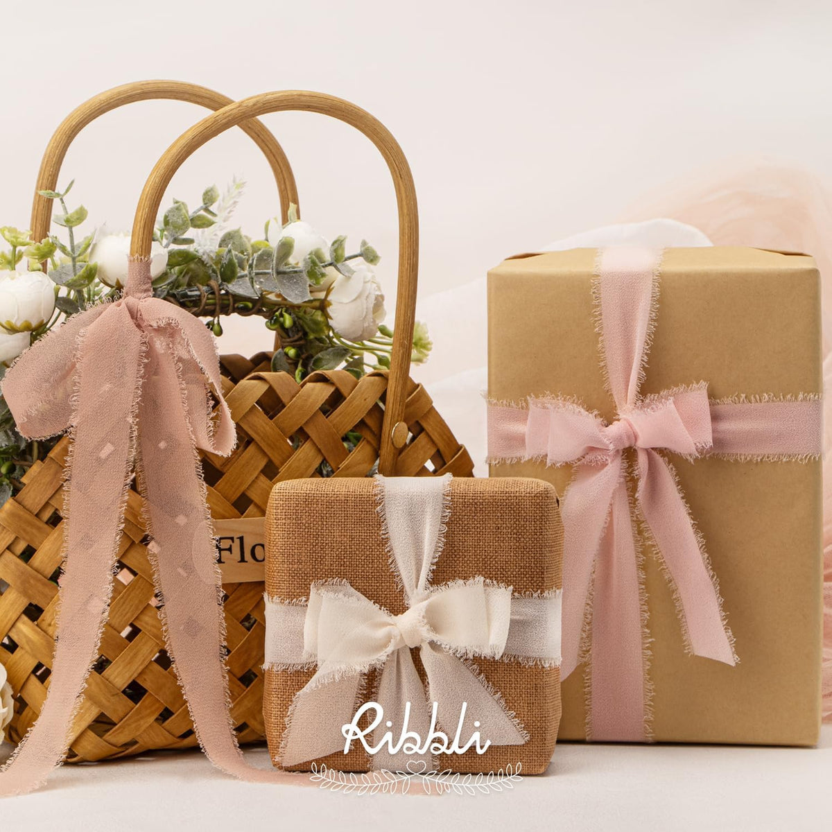 Pink Ribbon 1 Inch x 3 Rolls Total 24 Yards Cream/Blush Pink/Rose Gold Handmade Fringe Chiffon Silk Ribbon for Wrapping Wedding Invitations Bridal Bouquets DIY Crafts Home Decor