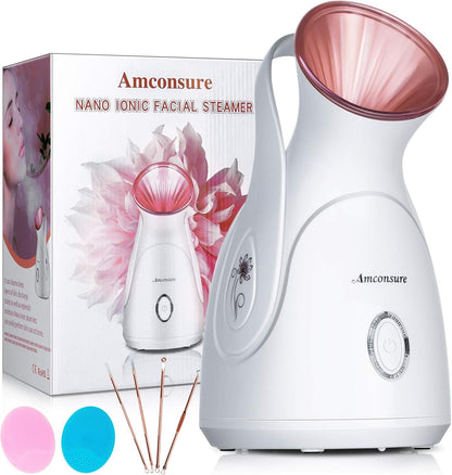 Facial Steamer, Nano Ionic Face Steamer for Home, 100ML Warm Mist Humidifier for Women Moisturizing, Unclogs Pores-Bonus Stainless Steel Skin Kit and 2 Face Scrubbers