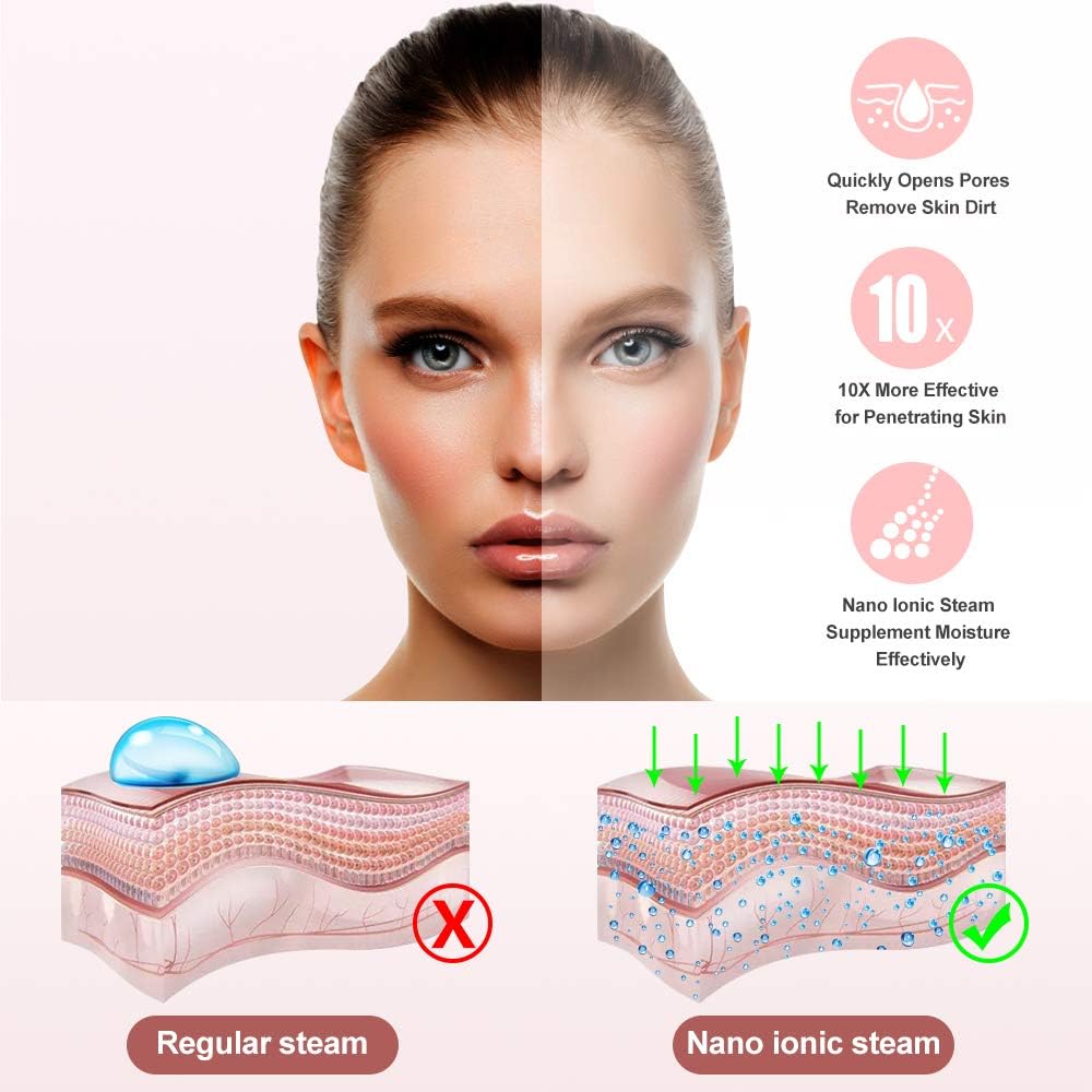 Facial Steamer, Nano Ionic Face Steamer for Home, 100ML Warm Mist Humidifier for Women Moisturizing, Unclogs Pores-Bonus Stainless Steel Skin Kit and 2 Face Scrubbers