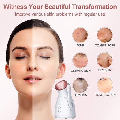 Facial Steamer, Nano Ionic Face Steamer for Home, 100ML Warm Mist Humidifier for Women Moisturizing, Unclogs Pores-Bonus Stainless Steel Skin Kit and 2 Face Scrubbers