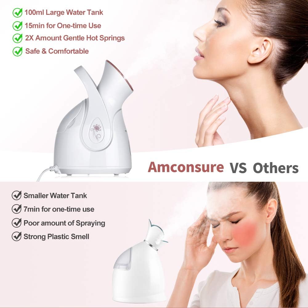 Facial Steamer, Nano Ionic Face Steamer for Home, 100ML Warm Mist Humidifier for Women Moisturizing, Unclogs Pores-Bonus Stainless Steel Skin Kit and 2 Face Scrubbers