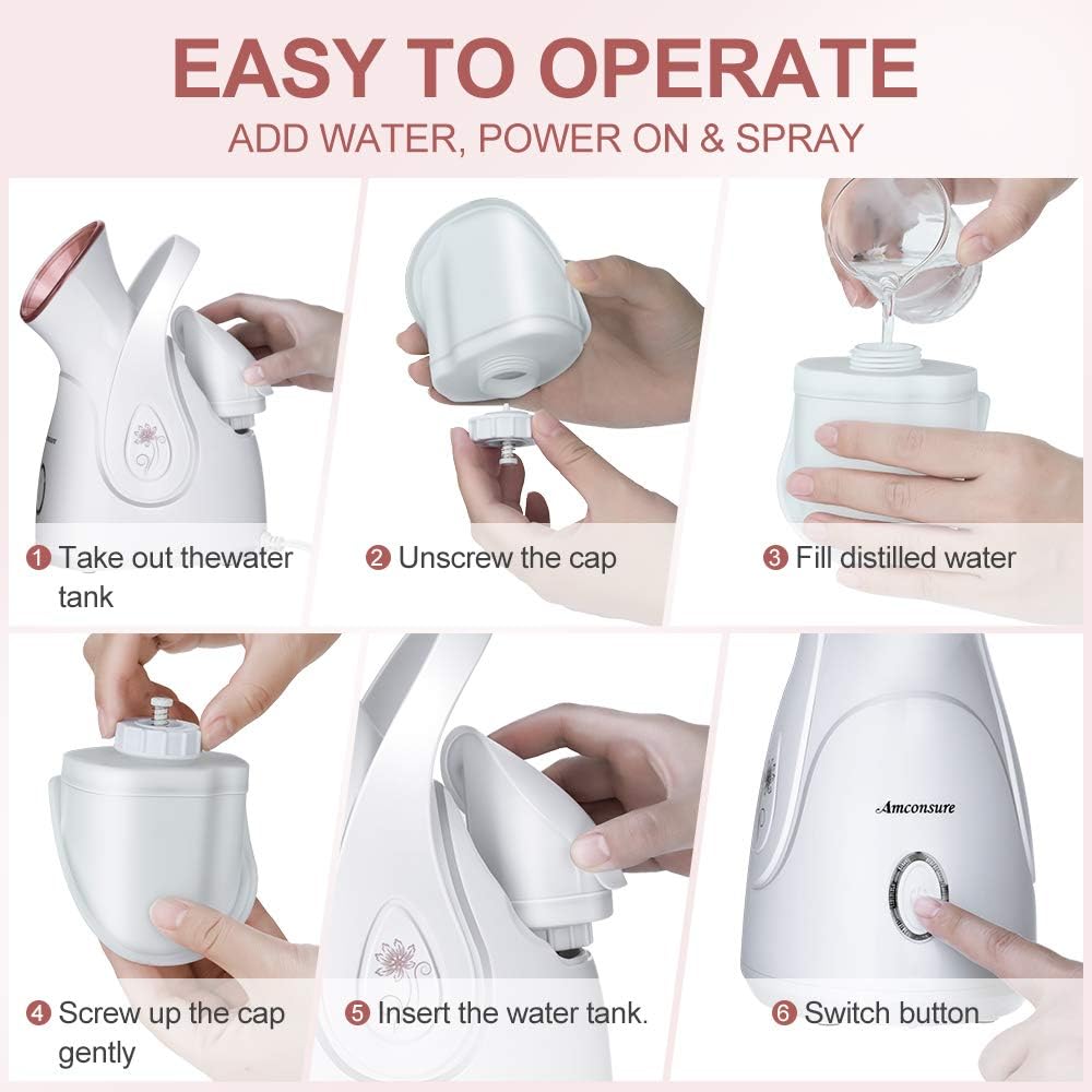 Facial Steamer, Nano Ionic Face Steamer for Home, 100ML Warm Mist Humidifier for Women Moisturizing, Unclogs Pores-Bonus Stainless Steel Skin Kit and 2 Face Scrubbers